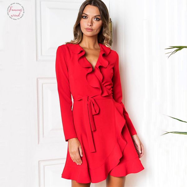 

ruffles red christmas dress women v neck slim sashes a line party dress autumn long sleeves mini solid color dress, Black;gray