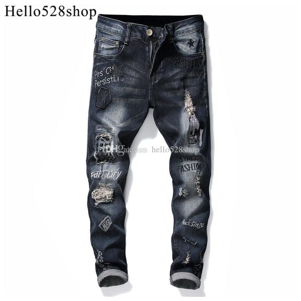 

hello528shop retro designer men's pants hole dark blue elastic straight fit stretch denim jeans trousers