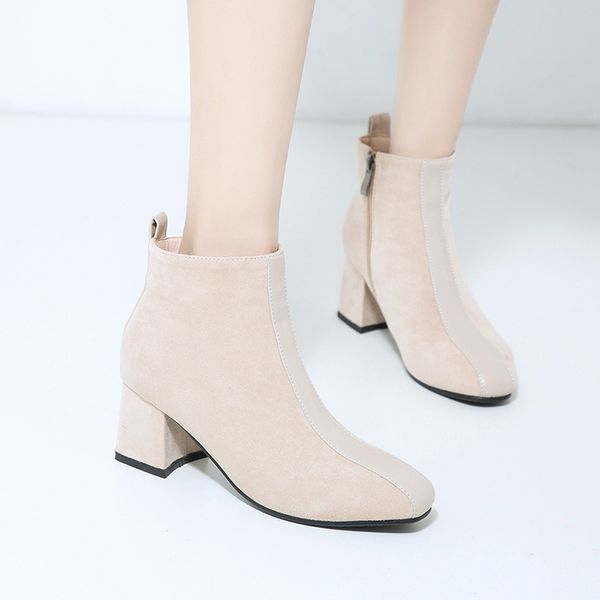 

work casual autumn round toe flock ankle boots fashion zipper black beige medium with chunky heels riding boots women's shoes