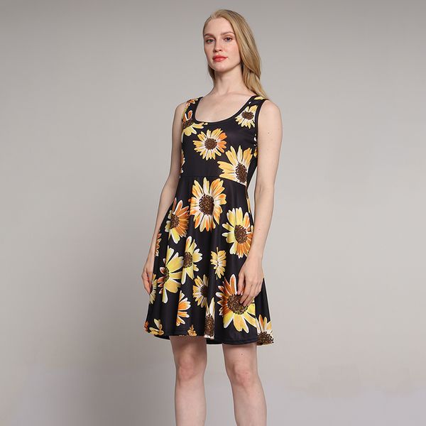 

летние повседневные платья женщин без рукавов floar печатные платья винтаж о воротник sundress sexy элегантный платье, Black;gray