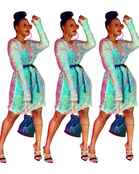 

22ly5109 women's dress sequin long sleeve independent belt nightclub dress casual dresses fashion autumn skirt, Black;gray