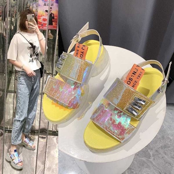 

fashion summer sandals platform bling pvc pu ladies jelly shoes ankle buckle wedge shoes for women casual beach slipper, Black