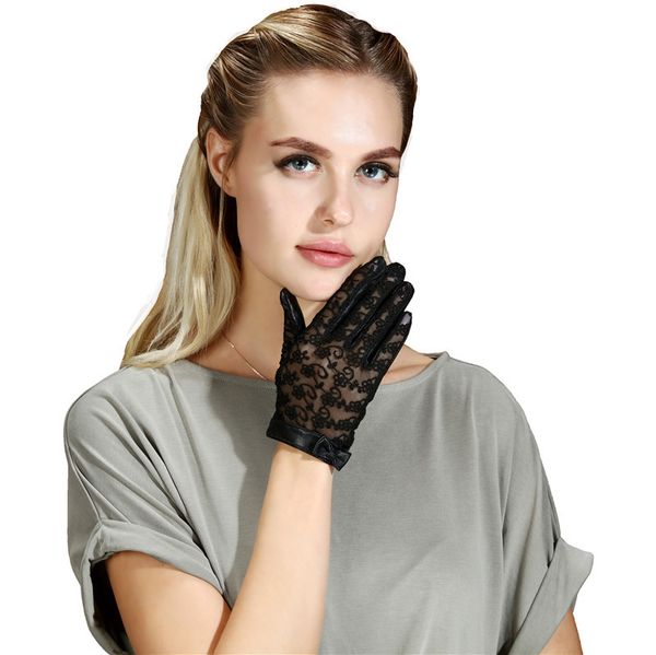 

women' sheepskin real leather gloves short design fashion lace butterfly genuine leather gloves mittens, Blue;gray