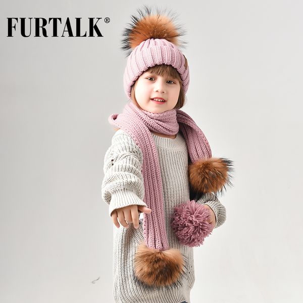 

furtalk winter children hat beanie real raccoon fur pompom hat and scarf girls fur hats boys caps scarves htwl029