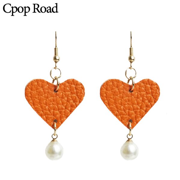 

cpop pearl heart shape genuine leather earrings for women trendy statement drop dangle earrings fashion jewelry female accessories cute gift, Silver