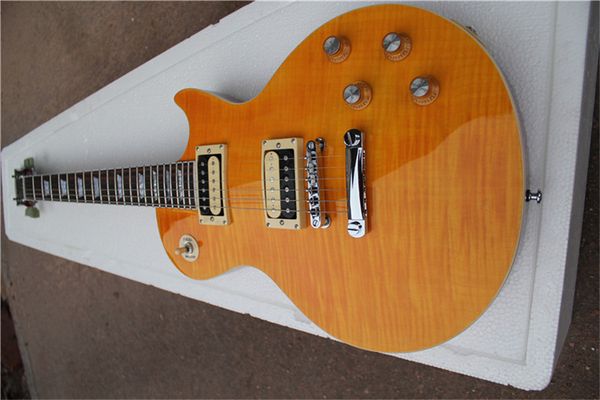 

standard slah yellow electric guitar mahogany body with flamed maple horn signature hh pickups white binding
