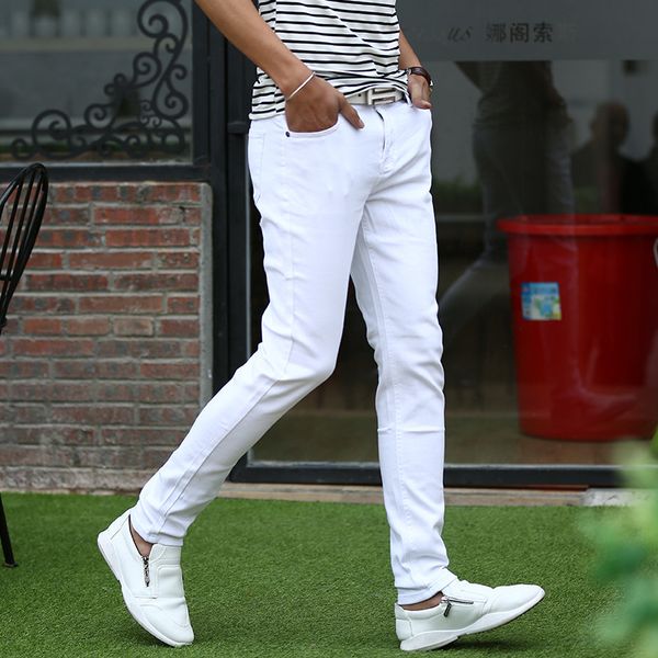 

new fashion men jeans slim fit elastic pencil pants white color cotton brand classical jeans men skinny, Blue