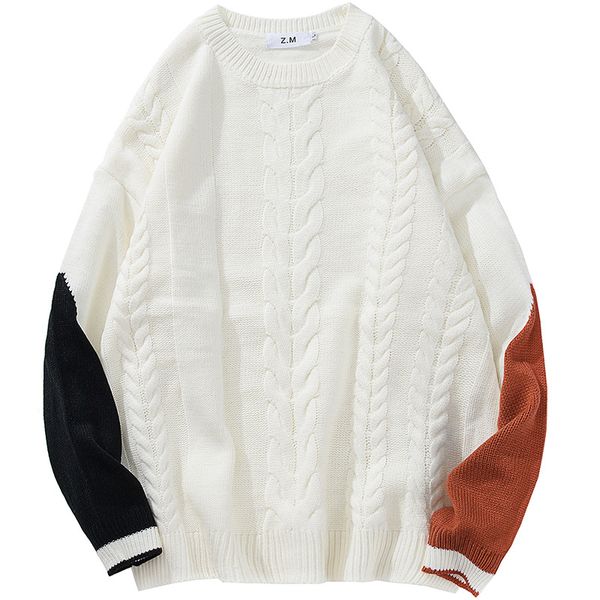 

winter men's woolen sweater fashion trend patchwork loose plus cotton keep warm knitting shirt round neck student contrast color casua, White;black