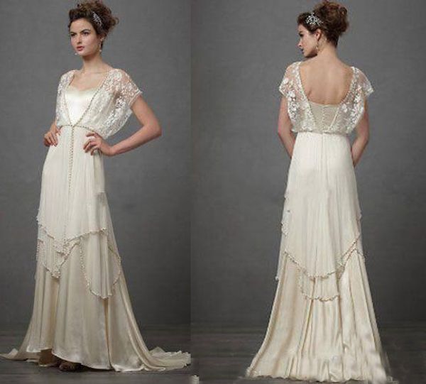 

vintage ivory 1920s wedding dresses with sleeves catherine deane lita modest fairy lace chiffon v-neck full length 2019 bridal gowns, White