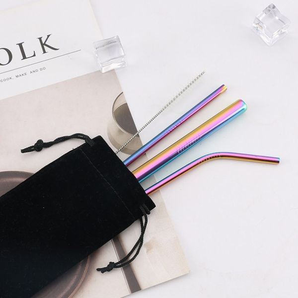 

Colorful Reusable Drinkg Straws Sets 304 Stainless Steel Straw Set Straight Bent Straw Cleaning Brush bag 5PCS Metal Reusable Straws Sets
