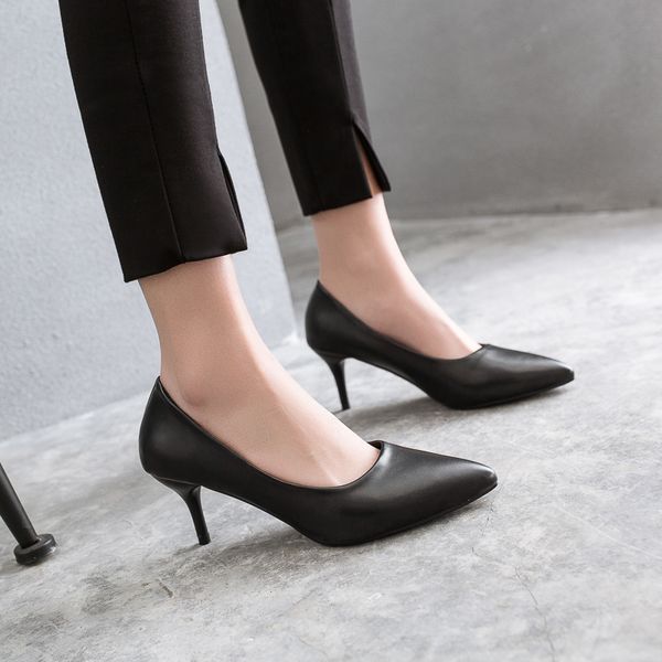 

pumps women leather high heels pointed toe shallow mouth thin heels solid color office lady shoes, Black