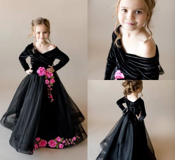 

black flower girl dresses for wedding off the shoulder a line lace appliqued custom made girls pageant dress pricess cute formal kids gowns, White;blue