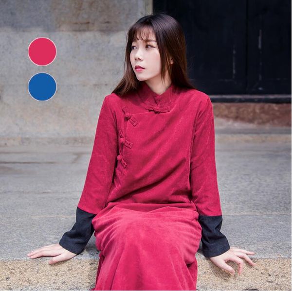 

ethnic clothing chinese style plate button corduroy and zen literature artretro women's winter large tang sell thin, Red