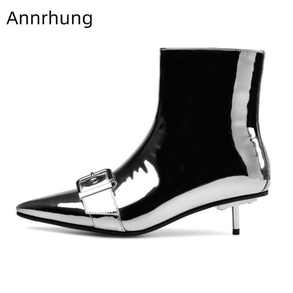

shiny silver slim short boots women metal kitten heel ankle boots pointy toe decor buckle belt serpentine short botas mujer, Black