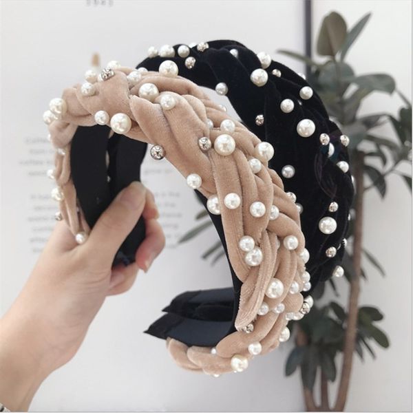 

high-end hair accessories women's gold velvet fabric beaded twist braids wide-brimmed headband fashion girl's hair band headwear