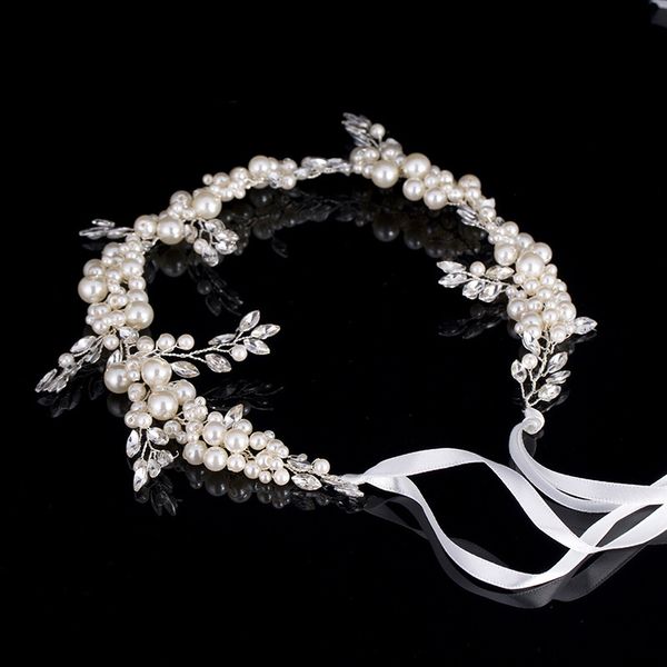 

white pearl headband tiara silver forehead crystal leaf beads hairband headpiece hair jewelry bridal women wedding accessorie bh, Golden;white