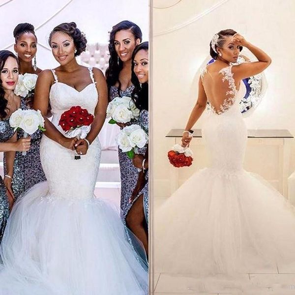 

2019 south african mermaid wedding dresses spaghetti straps lace appliques ruched sheer back plus size bridal gowns puffy skirt, White