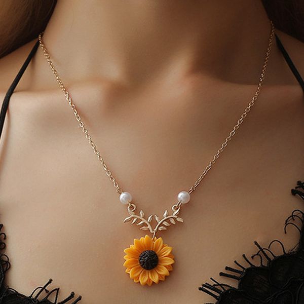 

imitation pearl sunflower necklace for women clothes accessories 3 colors sun flower pendant necklaces wedding jewelry, Silver