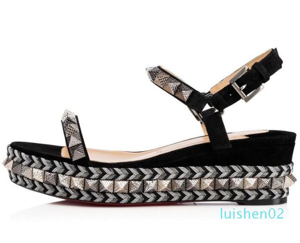 

elegant studs red bottom pyraclou wedges sandals for women lady high heels luxury designer walking ankle strap women's shoes l02, Black