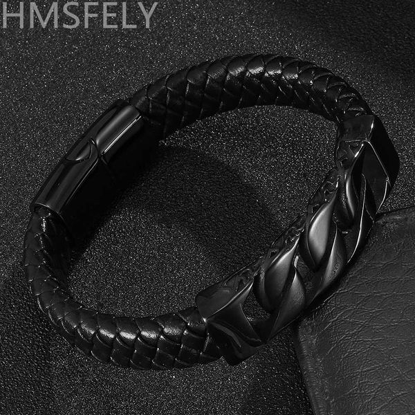 

hmsfely men luxury black genuine wide braided leather bracelet for men handmade lock design cuff bangles black magnetic bracelet, White