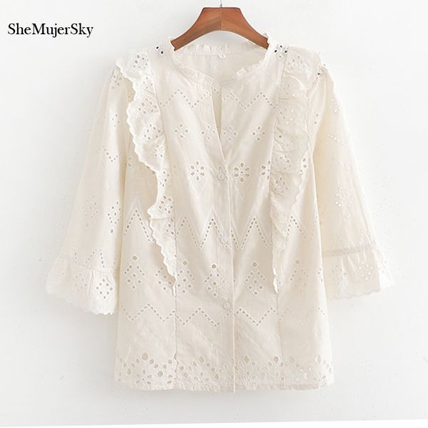 

shemujersky embroidery hollow out women blouses 2019 ruffles summer for women 2019 fashion shirts, White