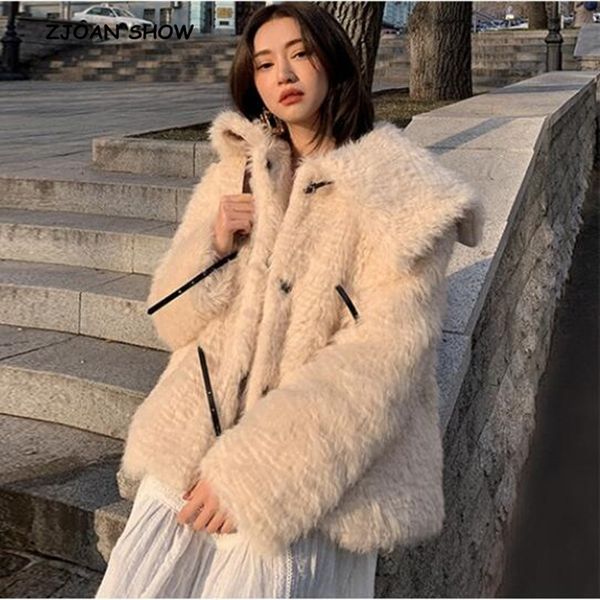 

2018 new winter vintage navy collar curly hairy shaggy belt button faux fur coat single-breasted loose warm fur jacket outwear, Black