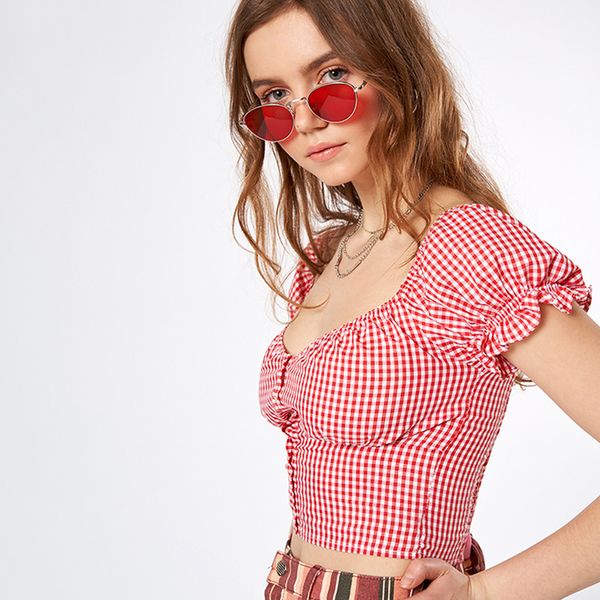 

high street casual cotton plaid crop womens t-shirts 2020 summer elegant office off shoulder short sleeve tees mujer, White