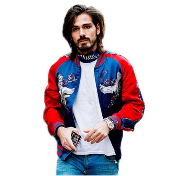 

jackets men spring autumn windbreaker jacket crane embroidered windbreaker jacket bomber baseball suit satin loose coat mens young s-3xl, Black;brown