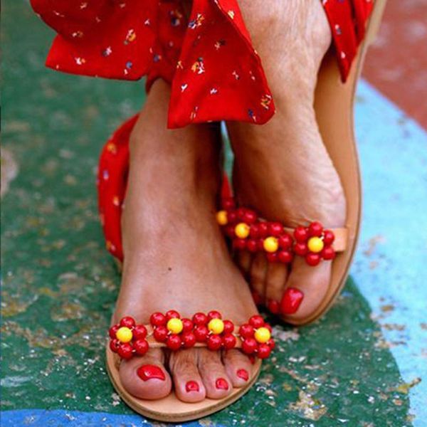 

лето плоские сандалии сладкий boho цветок украшения сандалии женщин пляж песочный отдыха обувь кожа flats плюс размер 37-43