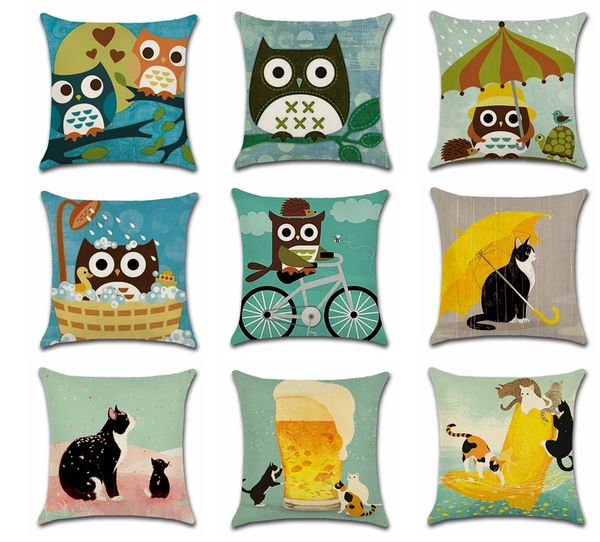 Cartoon Owl Pillow Case Naughty Cat Linen Throw Pillowcase Cute