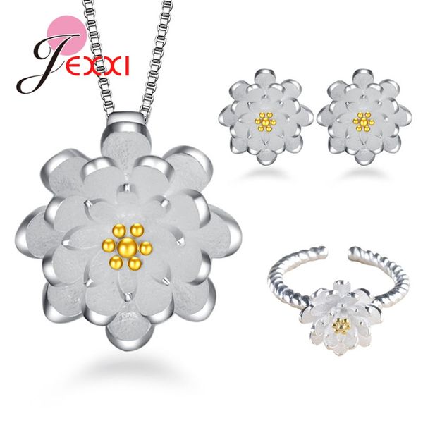 

925 sterling silver daisy flower adjustable ring ear stud necklace pendant chinese style lotus jewelry set gift for women girl, Slivery;golden