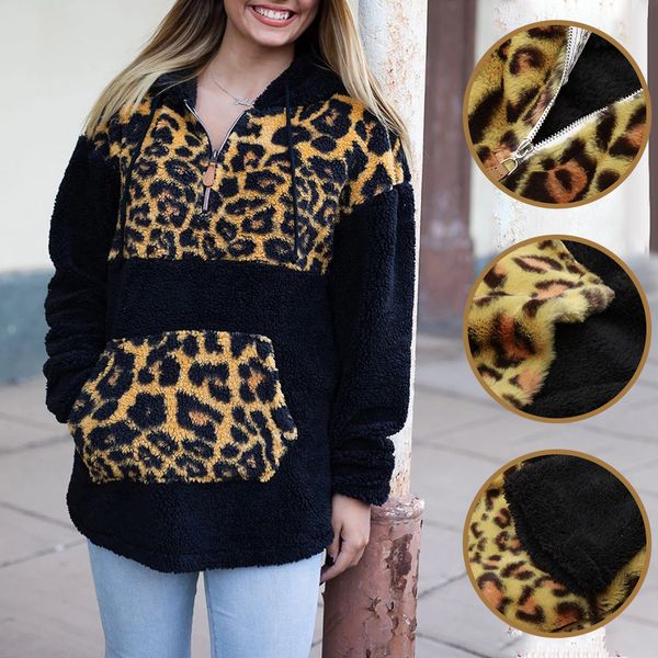 

patchwork pullover autumn sweatshirt fashion coat womens leopard print artificial wool shirt zipper winter blouse, Black