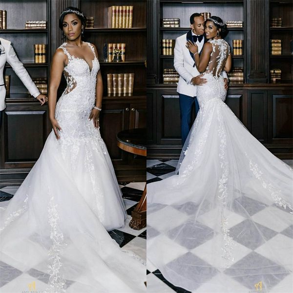

floral mermaid wedding dresses appliqued lace beads spaghetti strap sleeveless bridal gown ruched tulle court train vestidos de novia, White