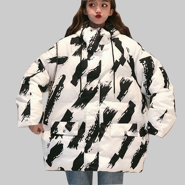 

oversized female jacket thick parkas winter warm women down jacket graffiti hooded women's jackets and coats hip hop streetwear, Black