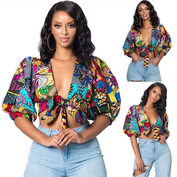 

afric women floral printed summer bohemian tie up bow deep lantern sleeve short blouses and shirts outfits, White