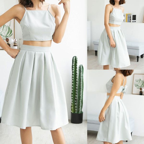 

women striped printing t-shirt sleeveless blouse dress 2pcs set 3.06, White