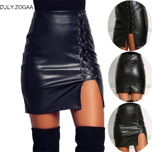 

black women pu skirts lace up mini office ladies skirts plain faux leather female above knee bodycon femininas