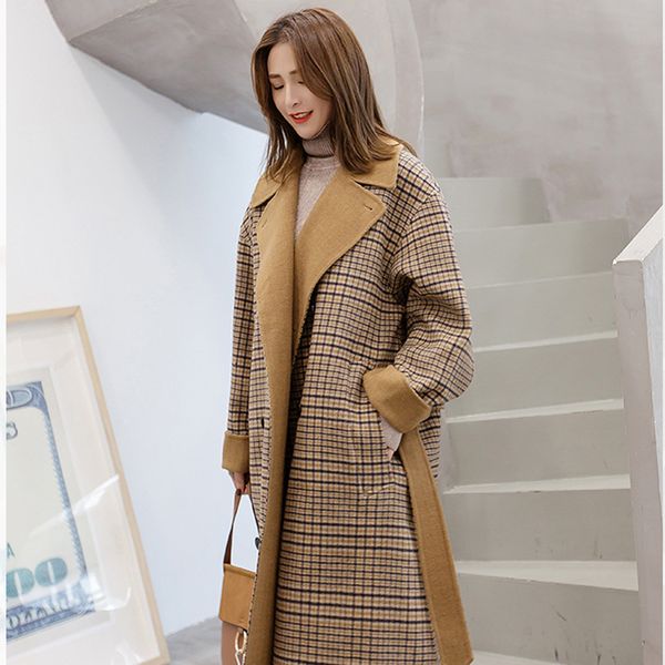 

2019 autumn winter women plaid coat fashion long woolen coat loose wool blends women jackets outwear elegant long overcoat, Black