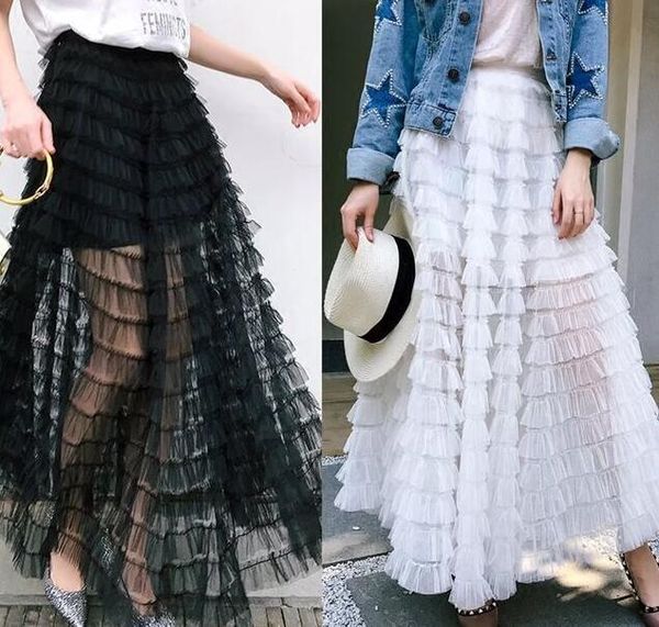 

getsring multi layer skirt yarn cake long white skirt female transparent tutu skirts all match y19043002, Black