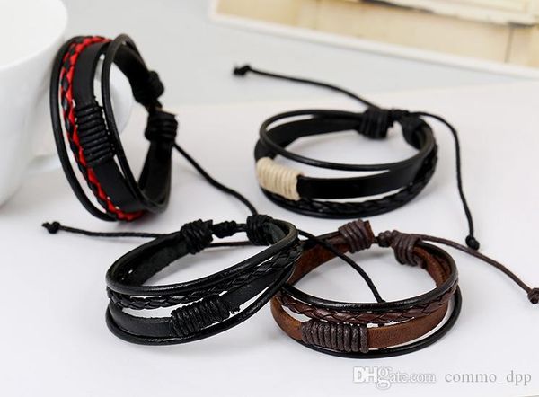 

korean handmade woven leather cord bracelet mens multi-layered wrap adjustable wristband bangle for women fashion diy jewelry gift, Golden;silver