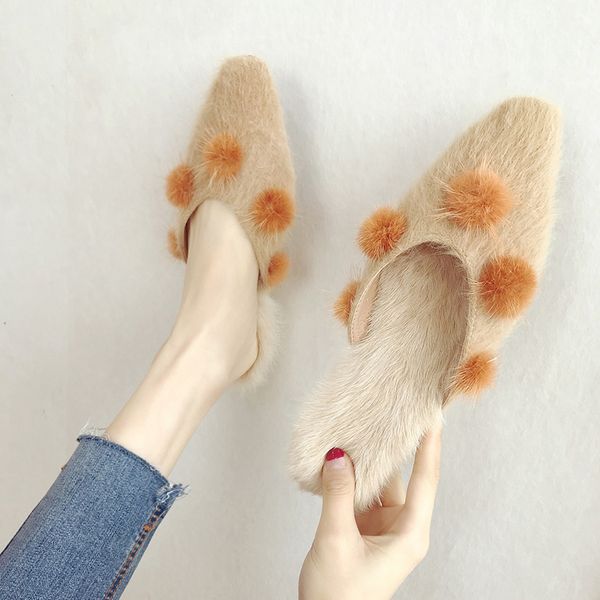 

korean pompom fur mules solid babouche outdoor casual shoes female slippers close toe slides flipflops modern girls slippers new, Black