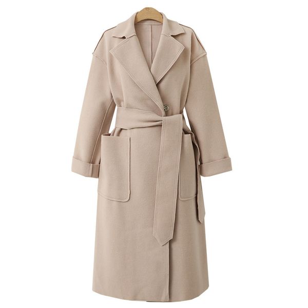 

winter women long sleeve turn-down collar oversize loose cashmere woollen jacket cardigan coat overcoat with belt, Black