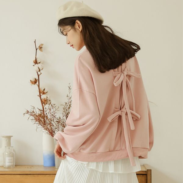 

women's pink bow sweatshirt back strap long sleeve thin autumn collection new korean loose student sweatshirt ml004, Black