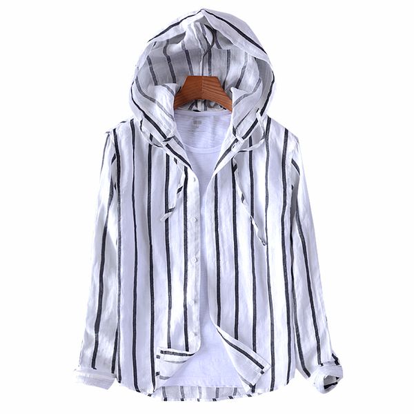 

2019 brand long-sleeved ramie shirts men spring white stripes shirt male casual breathable shirt mens fashion chemise, White;black