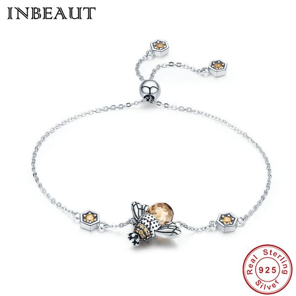 

inbeaut women elegant honeybee charm bracelet 925 sterling silver cute brown cubic zirconia little bee beads hand chain for lady, Golden;silver
