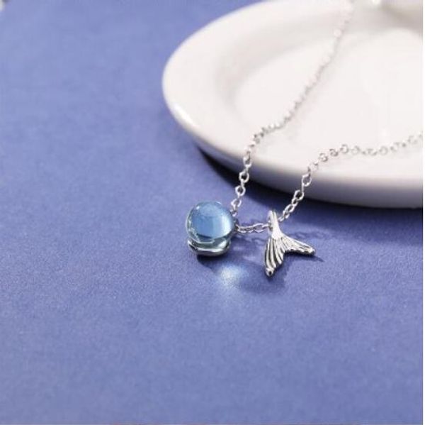 

new luxury designer sea blue gem mermaid foam necklace jewelry plated s925 whitebait tail crystal pendant lady clavicle chain accessories, Silver