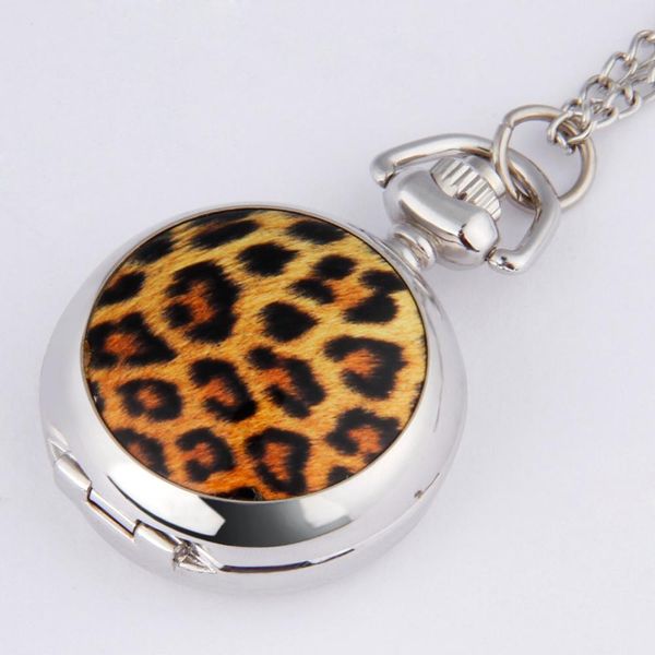 

small size fashion casual quartz withleopard print pattern retro pocket watch with necklace, Slivery;golden