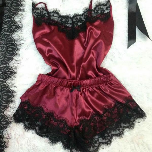 

2020 women lace pajama set summer pajama suit aritificial silk solid burgundy pink girls satin sleepwear set with lace, Black;red