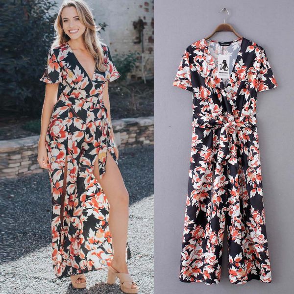 

fashion women's casual v-neck floral print chiffon jumpsuit women's wide leg high waist ladies jumpsuits elegant l0311, Black;white
