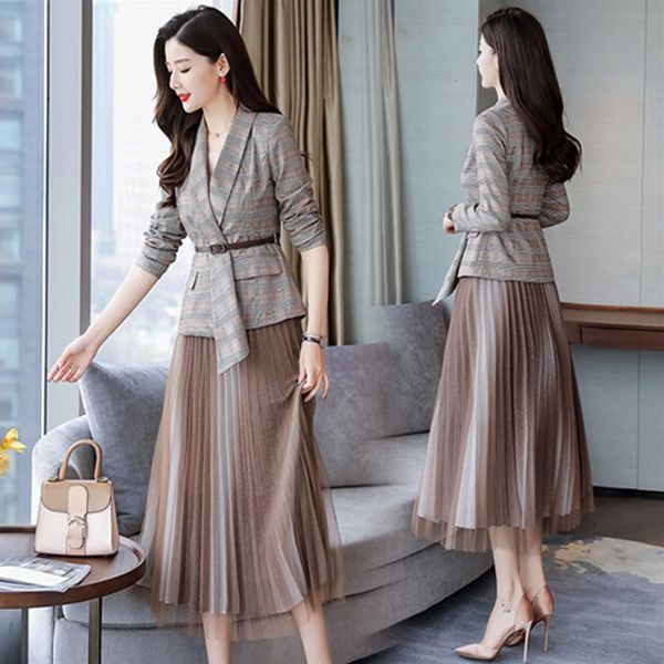 

brand designers office lady two piece outfits women 2019 fall spring fashion blazer suit long sleeve jacket+midi tulle skirt set, White
